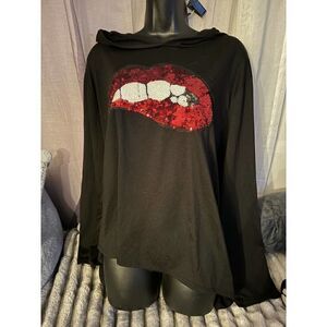 Plus size  3xl long sleeve hooded top/shirt sequin lips/mouth xo